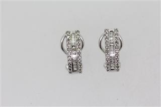 14k White Gold Round Baguette Diamond Half Hoop Earrings